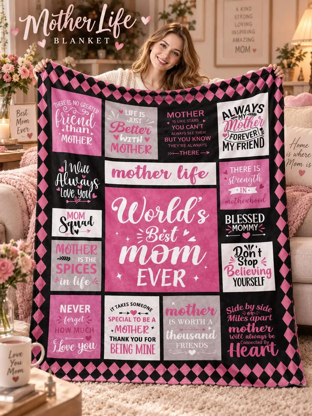 Mother Life Flannel Blankets & Throws Heart Quotes Message Gift From Family for Birthday Christmas Thanksgiving Halloween Anniversary Holiday Couch Bed Sofa Reading Travel Nap Bedroom Home Decor Living Room Graduation Party Dorm Office Camping Picnic