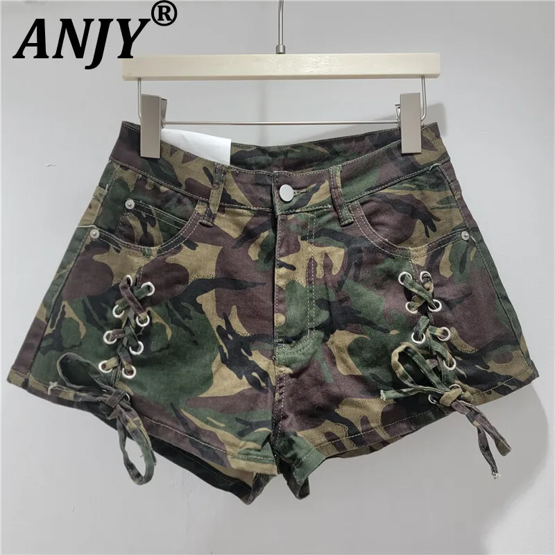 

ANJY Summer New Women American Retro Fashion Camouflage Sexy Denim Shorts Trendy Pocket Lace Decoration Straight Hot Pants A7937