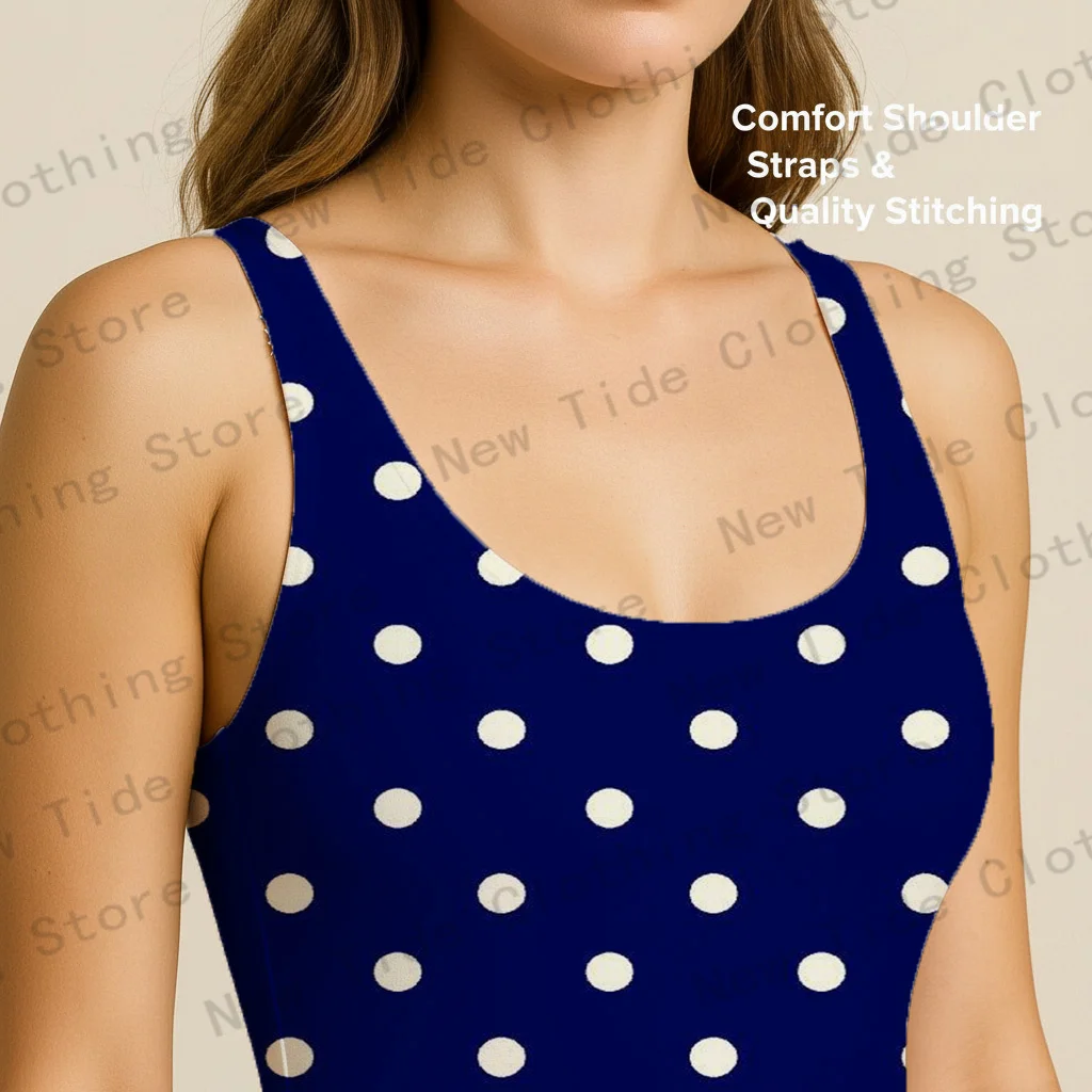 Costume da bagno intero da donna a pois bianco blu scuro senza maniche slim fit per outfit da piscina per vacanze estive in spiaggia