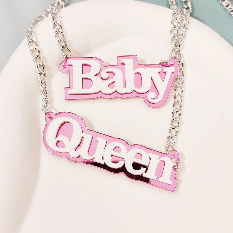 KUGUYS Cute Mirror Pendant Necklaces for Women Letters Lovers Girls PINK Acrylic Jewelry Accessories