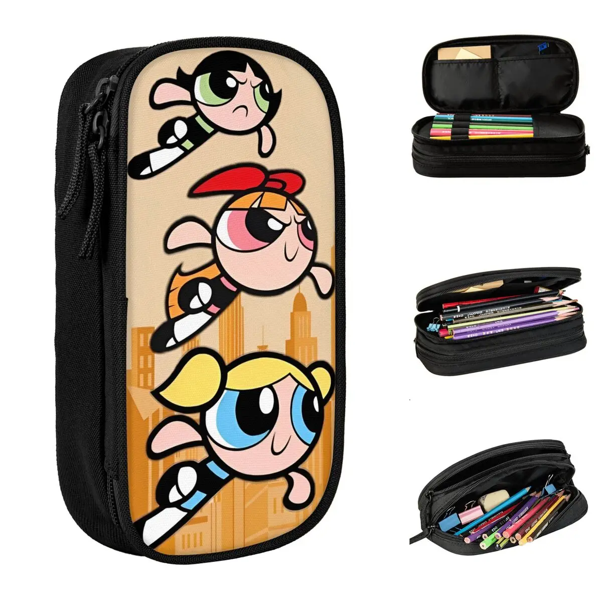 

P-PowerPuffs Pencil Case Cute Big Pencil Bag Kids Zipper Lovely School Pencil Cases Design Supplies