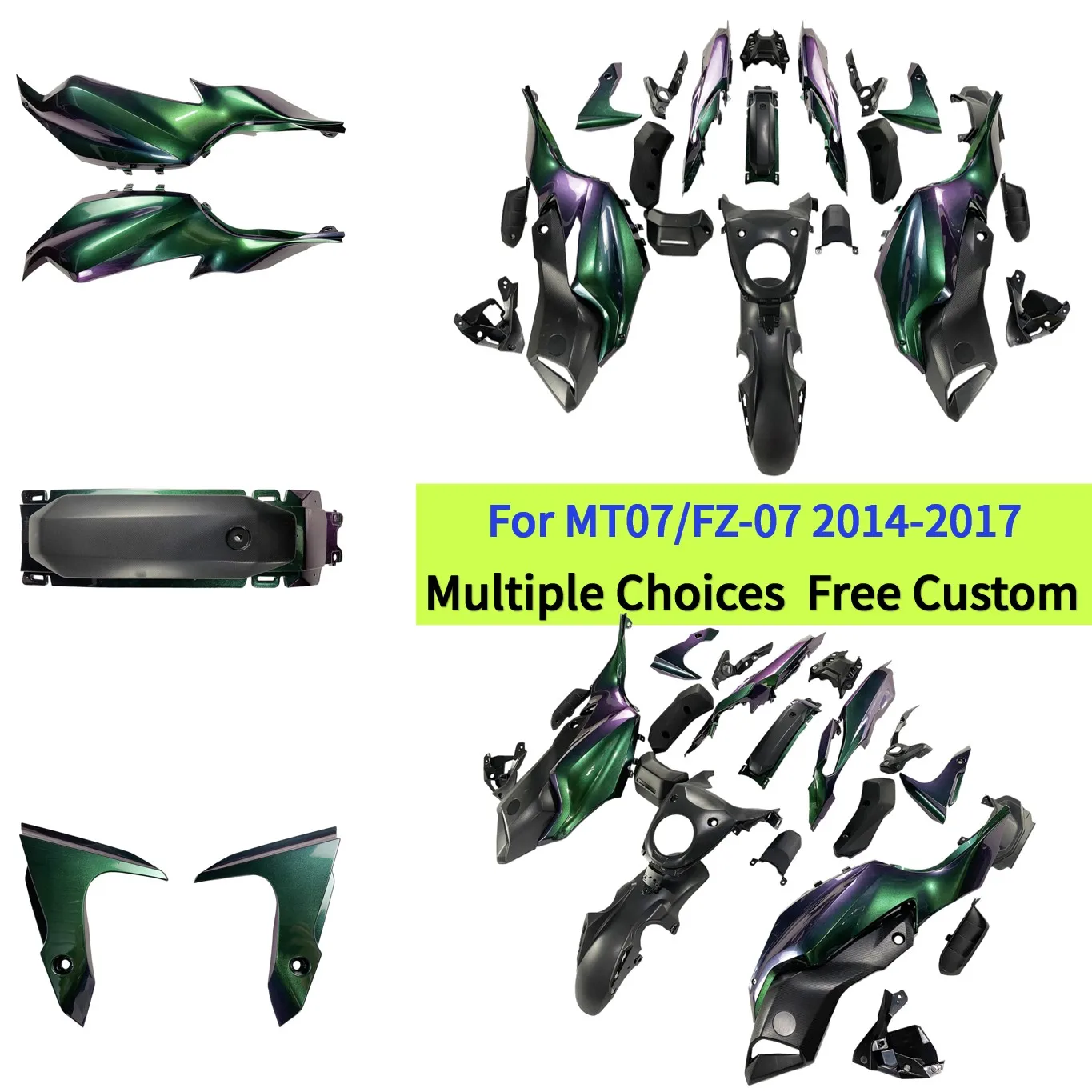 

Обтекатели для мотоцикла Yamaha MT07 2014-2017 (MT-07, FZ-07) с ABS-покрытием, эффект хамелеона, зелено-фиолетовые панели кузова