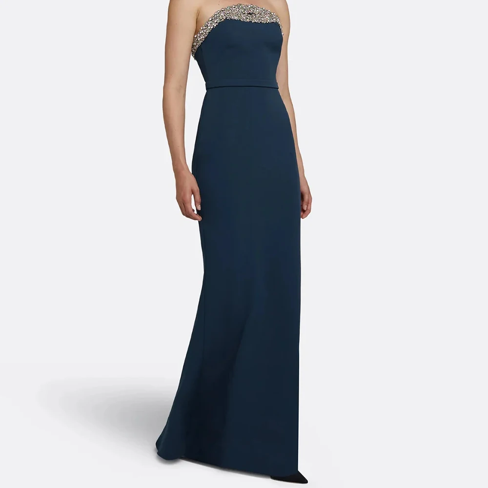 Vestidos de noche de corte A para mujer, vestido de fiesta sin tirantes hasta el suelo, sin mangas, vestidos personalizados con espalda descubierta drapeados de cristal a la moda