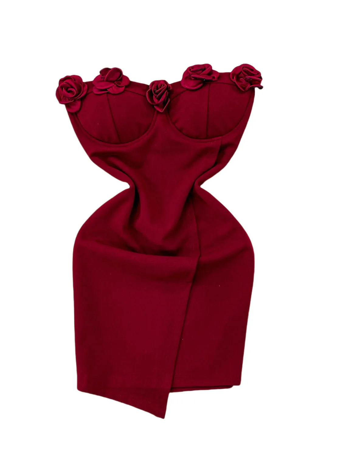 Vestido F de Verão Estilo Bustier com Um Ombro Só, Detalhe Floral 3D, Cintura Alta Irregular e Efeito Emaecedor, Est...