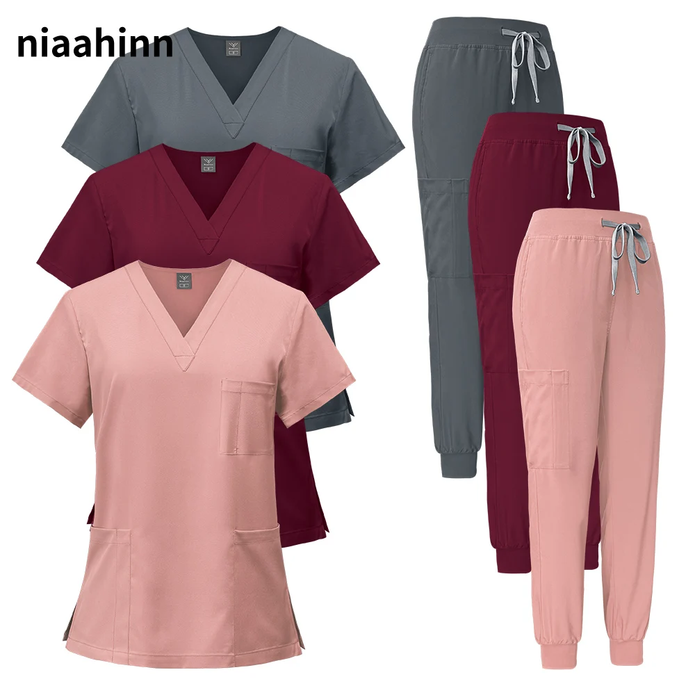 Medical Nursing Uniform Hospital Working Uniform with Pocket Jogger Set Pet Grooming Institution Surgical Tops+Pants Scrubs Suit