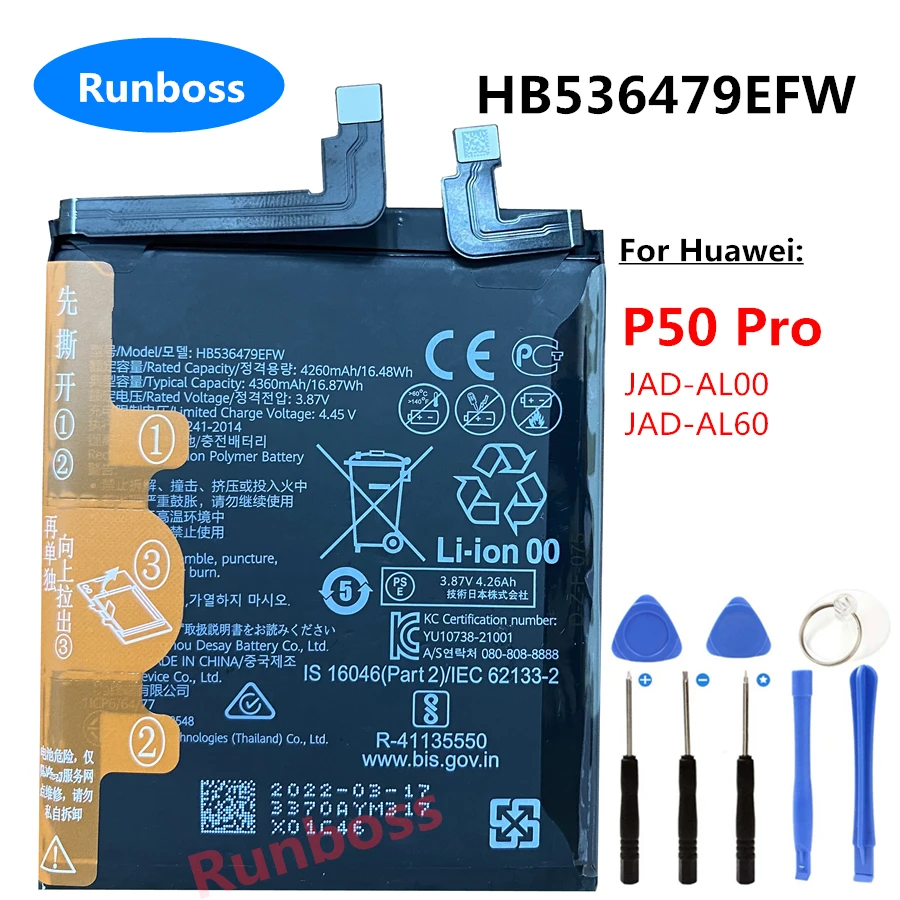 

4360mAh HB536479EFW Original New Battery For Huawei P50 Pro JAD-AL00 JAD-AL60 Mobile Phone Batteries