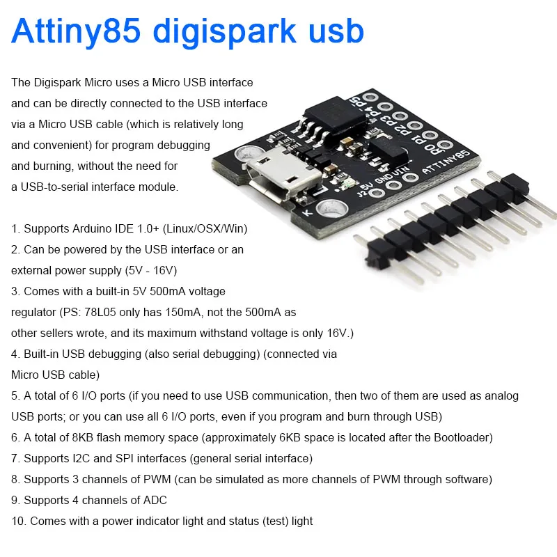 Attiny85 Micro Digispark USB MINI Development Board for Arduino Expansion Board V3.0 Upgrade Version Programming Board Module