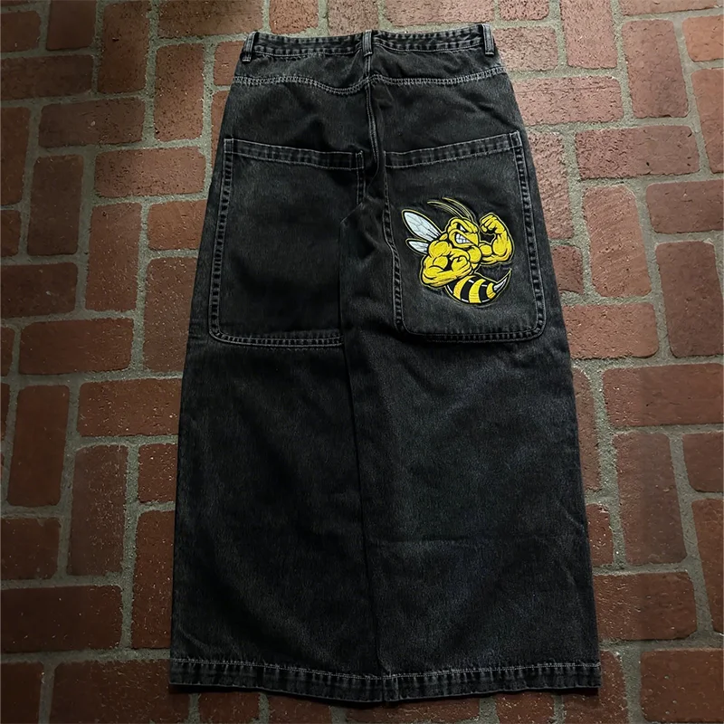 

Y2K Vintage Distressed Jeans Yellow Cartoon Muscle Bee Embroidery Straight Leg Jeans Fashion Men Women Casual Washed Streetwear