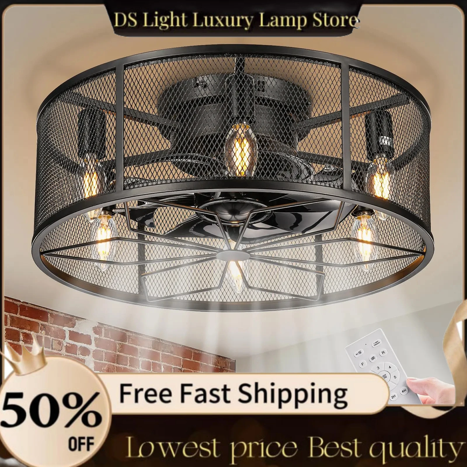 

18-дюймовый черный потолочный вентилятор в клетке с подсветкой для скрытого монтажа в фермерском доме, низкопрофильный небольшой светильник с дистанционным управлением, потолочный вентилятор