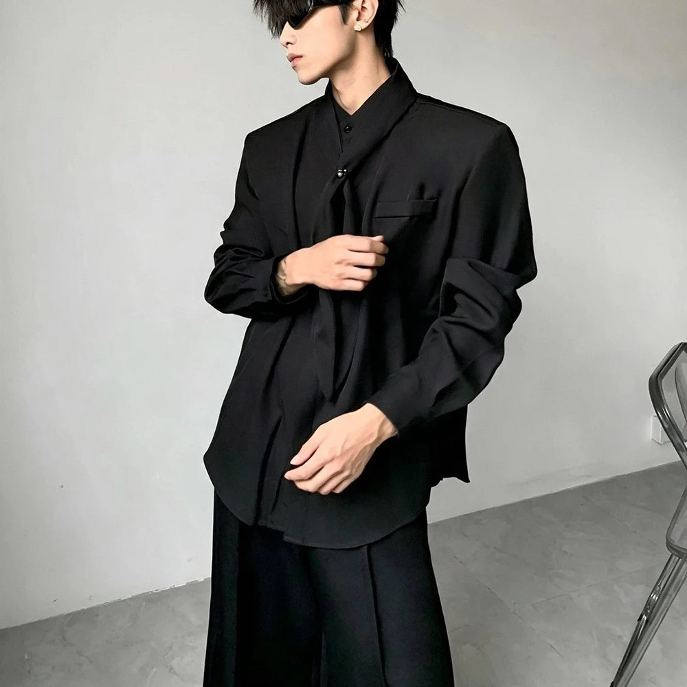 Mens Y2k Neckerchief Design Padded Shoulder Shirt Streetwear Fashion Niche Nightclub Stage Youth Casual Loose Statement Top 2026