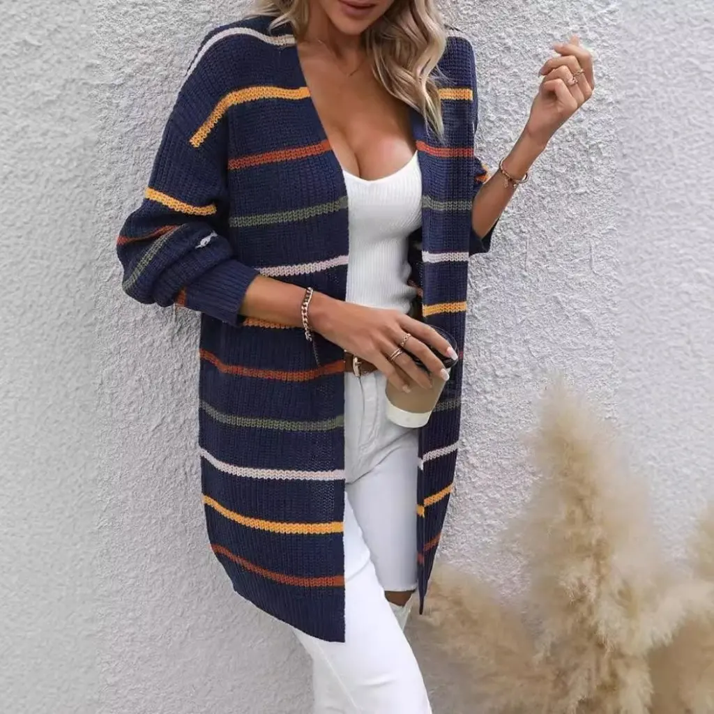 

Women's Long-Sleeved Cardigan Jacket Horizontal Striped Outerwear for Spring Autumn Winter European American Style Commuting