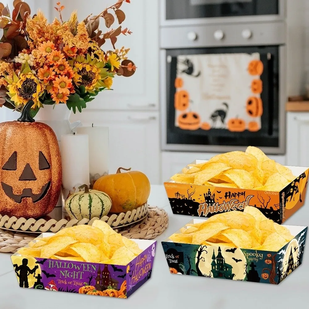 

12pcs Food Trays Rectangular Halloween Party Tray Pumpkin Sturdy Snack Paper Boxes Ghost Bat Disposable Baking Pans Festival