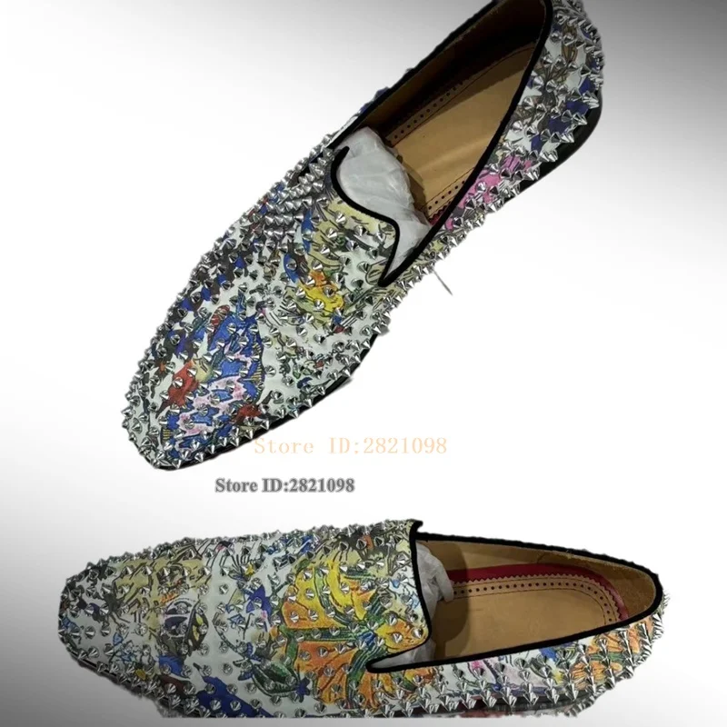 

Floral Printed Spikes Loafer Men's Shoes Leather Male Casual Shoes Slip On Male Loafers