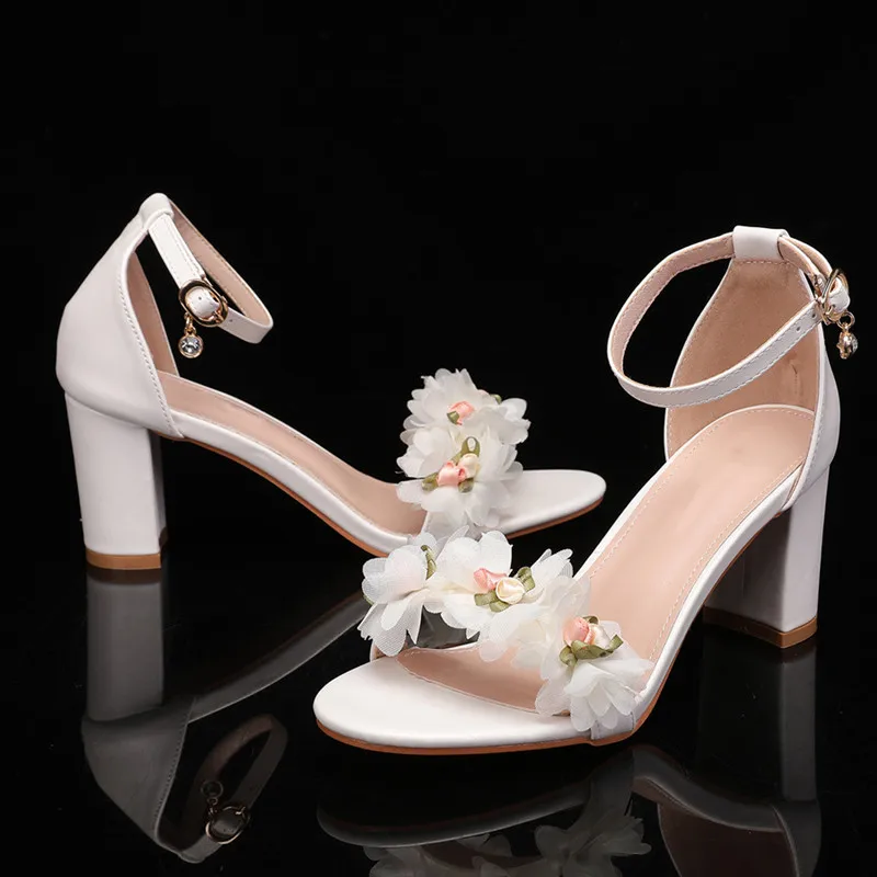 Fashion Summer Lace Flowers Pearls Ankle Strap Women Sandals Big Size 35-43 Thick High heels Sweet Girls Party Prom Shoes