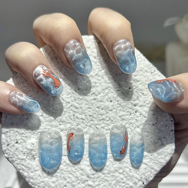 10 pezzi fata glitter occhio di gatto pressa fatta a mano sulle unghie ghiacciaio blu sottomarino koi acqua ondulazione unghie finte rimovibili riutilizzabili