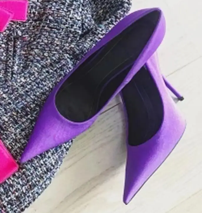 Purple Blue Green Solid Colors Satin Stilettos Pointed Toe Pumps Female Slip On High Heels Banquet Shoes for Women