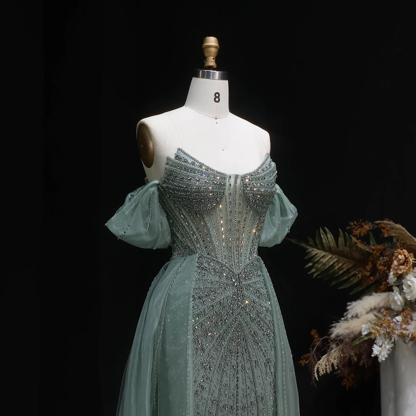 Sharon Said Elegantes Schulterfreies Abendkleid mit Überrock, Luxuriöses Perlenbesetztes Meerjungfrauenkleid für Arabische Damen, Formelle Partykleider SS120 Maßanfertigung – Detail 21