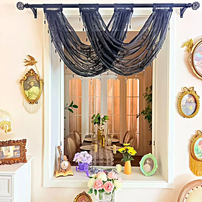 1PC Vintage Black Sheer Lace Scarf Curtain, Hollow Mirror Flower Wave Door Window Valance with Drop Beads