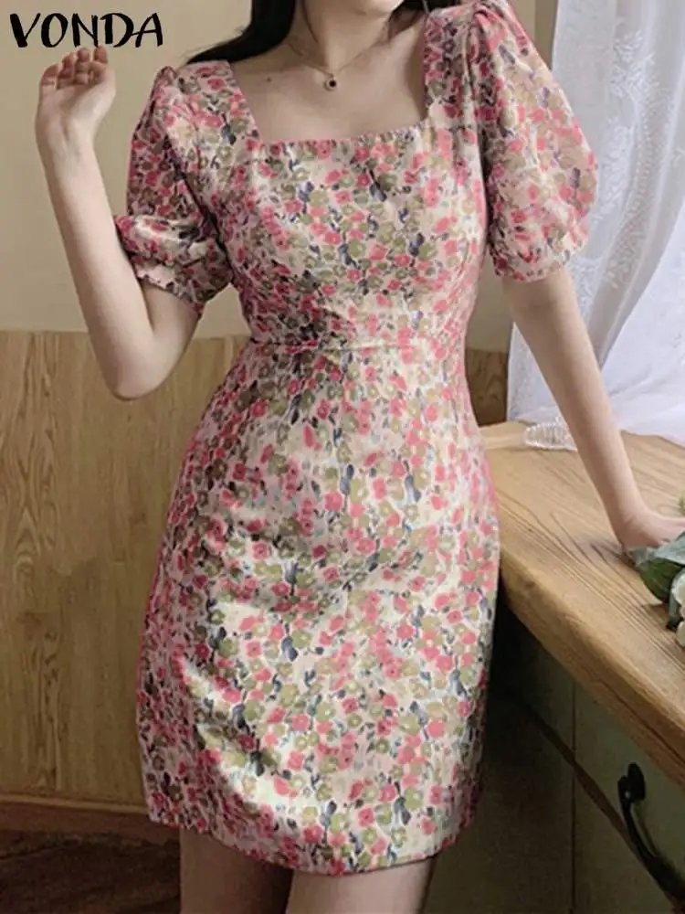 VONDA Bohemian Women Floral Printed Sexy Mini Dress 2024 Summer Square Neck Short Puff Sleeve Casual Sundress Beach Robe Femme