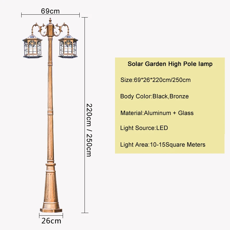 European Style Solar Street Light Outdoor Waterproof Garden Lamp Villa Yard  Lawn Double Head High Pole(2.2M~2.5M) Landscap Lamp