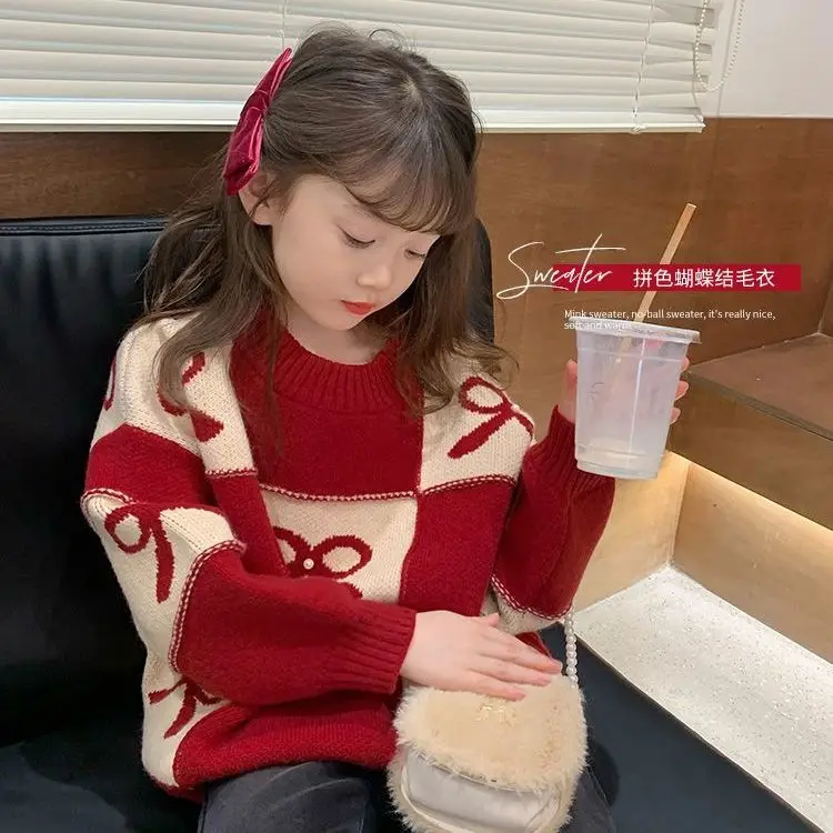 

Girls Red Chinese Style Autumn And Winter Thickened Knitted Sweater Kids Bow Warm New Sweater Top Outfits Tops Childre Clothing