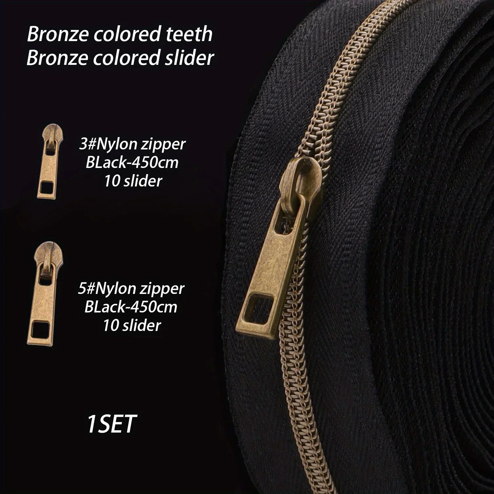 1 Satz, Nr. 3/Nr. 5, schwarzer Stoffrand aus Bronze-Zahn-Nylon mit Reißverschluss usw. DIY