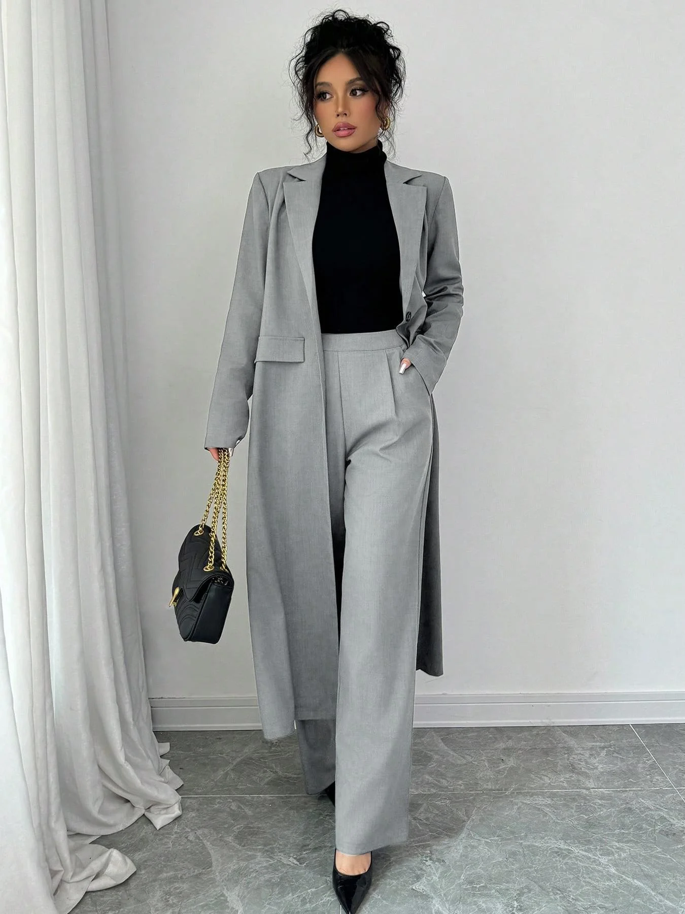 Zweiteiliges Business-Set für Damen, lange Manteljacke und bequeme Anzughose, professionelle Bürokleidung, elegantes Design für Damen