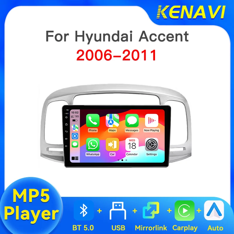 Radio estéreo para coche con pantalla táctil para Hyundai Accent 2006-2011, reproductor MP5, CarPlay, Android Auto, Bluetooth 5.0, sistema multimedia USB