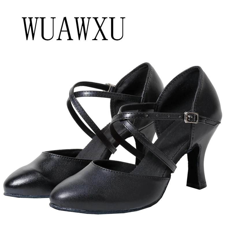 Latin Dance Shoes New Black Genuine Cowhide Baotou High Heels Adult Square Social Dance Shoes Mid High Heels Indoor