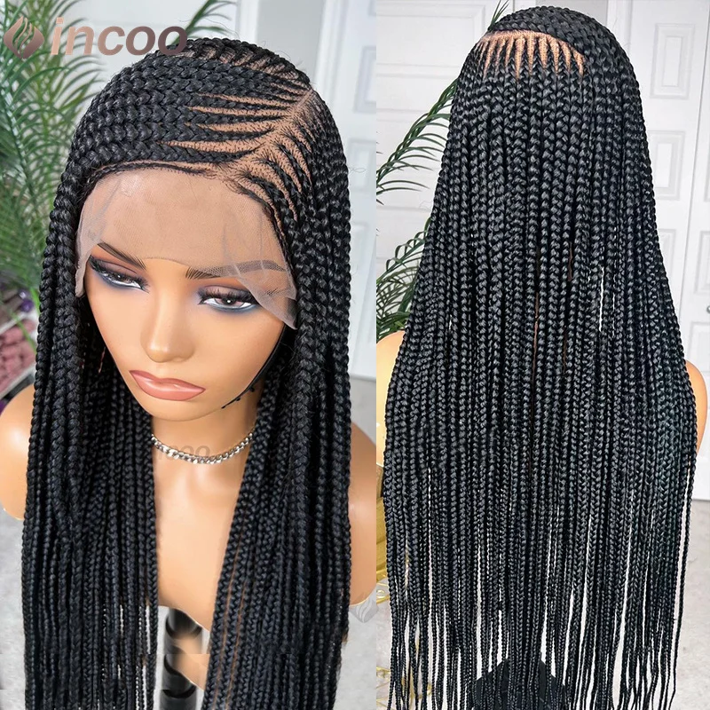 Perruque Lace Front Wig synthétique tressée Cornrow Box, 36 pouces, blonde, pour femmes noires, partie latérale longue, faux locs