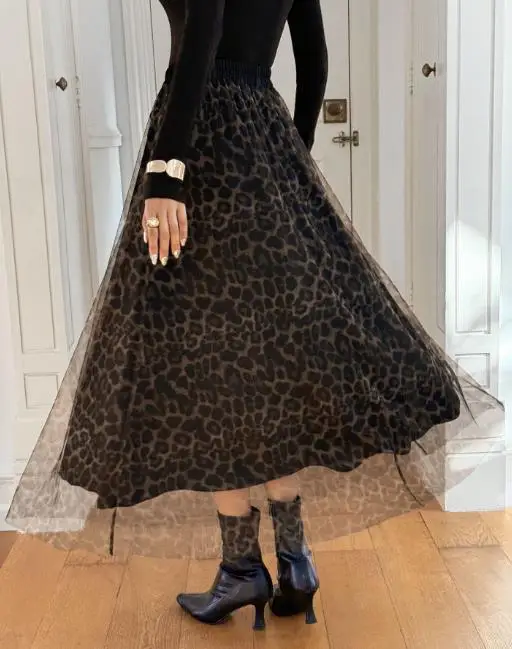 

Skirt for Women 2025 Spring Autumn New Fashion Leopard Print Mesh Patchwork High Waist Casual Daily Long Skirt Half Skirt