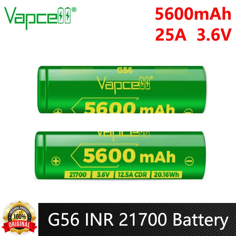 Original Vapcell G56 INR 21700 Battery 5600mAh CDR 12.5A Max 25A 3.6V High Discharge Battery Rechargeable Lithium Ion Batteries