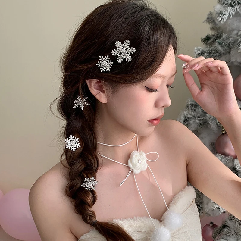 1/5pcs White Snowflake Pearl Hair Clip Winter Sweet Cute Bobby Pin Women Fashion Retro Flower Hairside Headwear Accessories