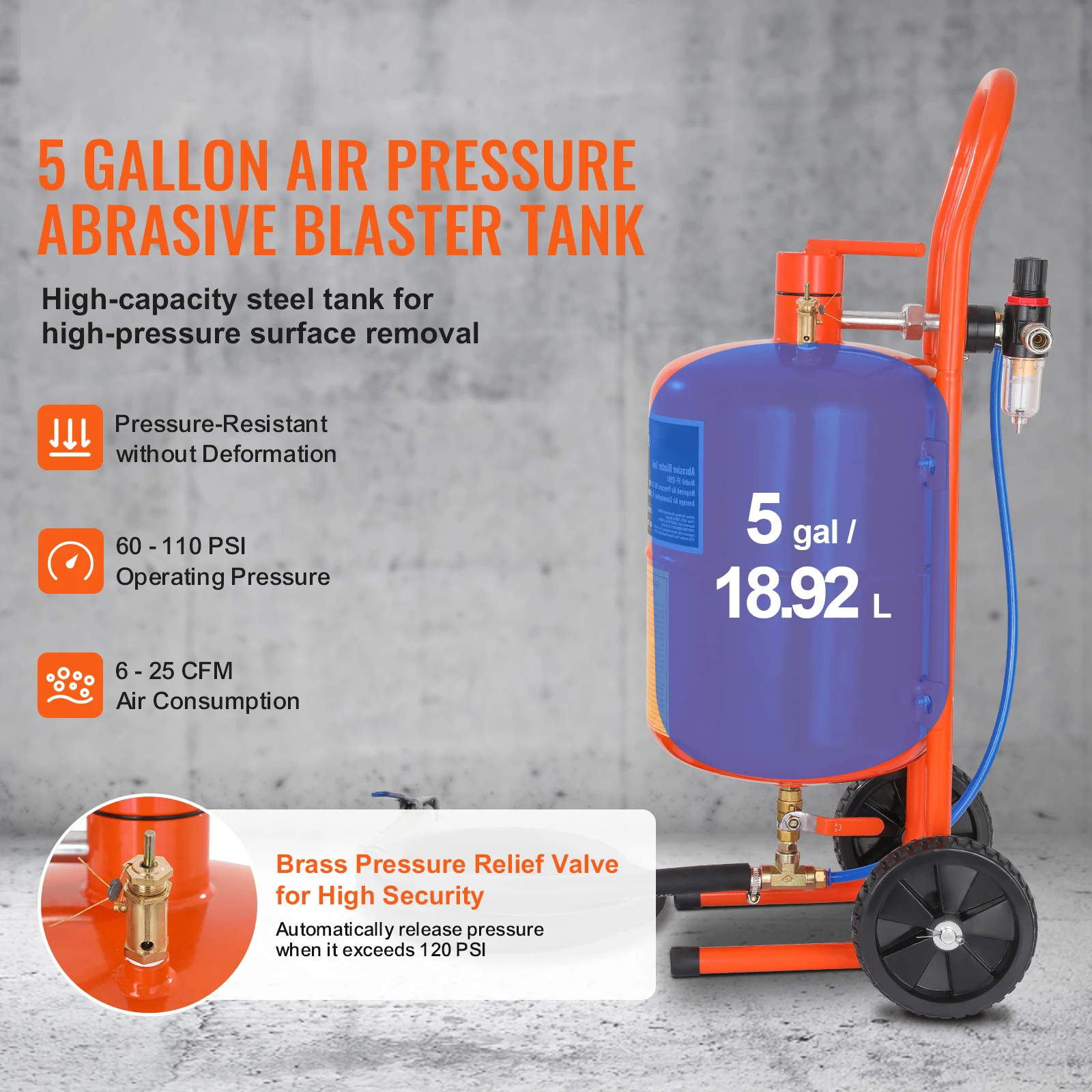 5/10/20Gallon Sand Blaster 60-110PSI Portable Air Sandblaster Kit with Oil-Water Separator for Paint Stain Rust Removal