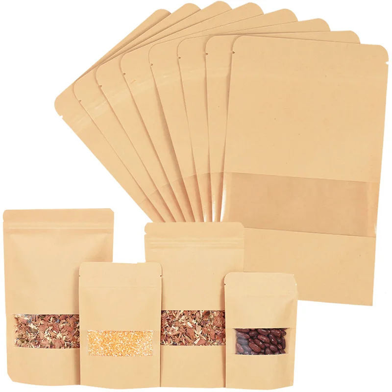 20/50pcs Kraft Paper Zip Lock Bags With Window Food Snack Tea Self Sealing Storage Bag Wedding Home Candy Gifts Packaging Pouch