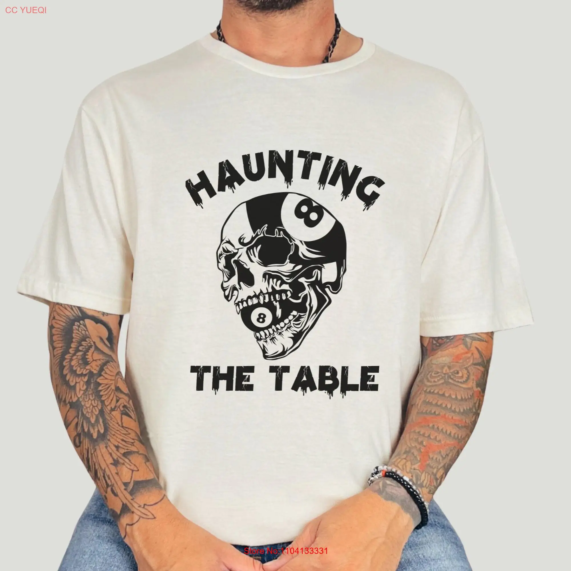 Halloween Billiards T Shirt Spooky Pool Player Skull 8 Ball Design Lover Scary Snooker Attire long or short sleeves