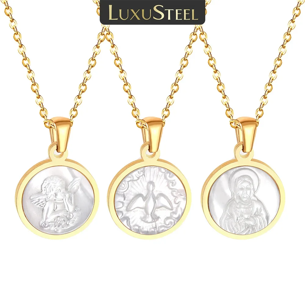 LUXUSTEEL Women Men Golden Stainless Steel Virgin Mary Necklace Religious Style Prayer Amulet Jewelry for Arabic Classic Gift