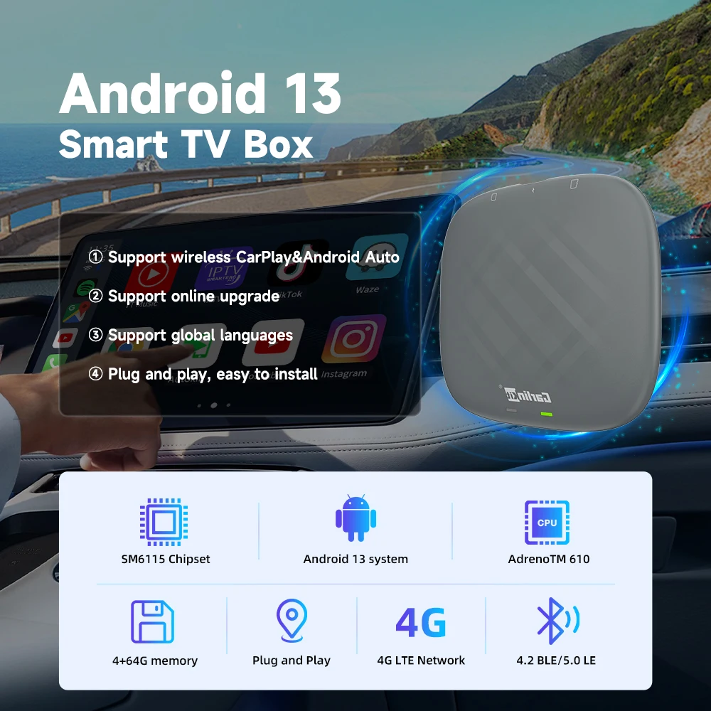 CarlinKit Wireless Carplay Android Auto TV Box Android 13 4+64G Carplay Wireless Adapter Wifi 5.8 AI Box for IPTV Youtube IOS17