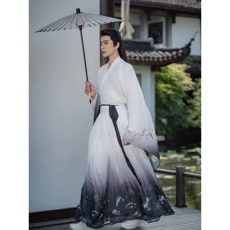 

Hanfu male and female couples student Wei Jin collar wide-sleeved printing suit