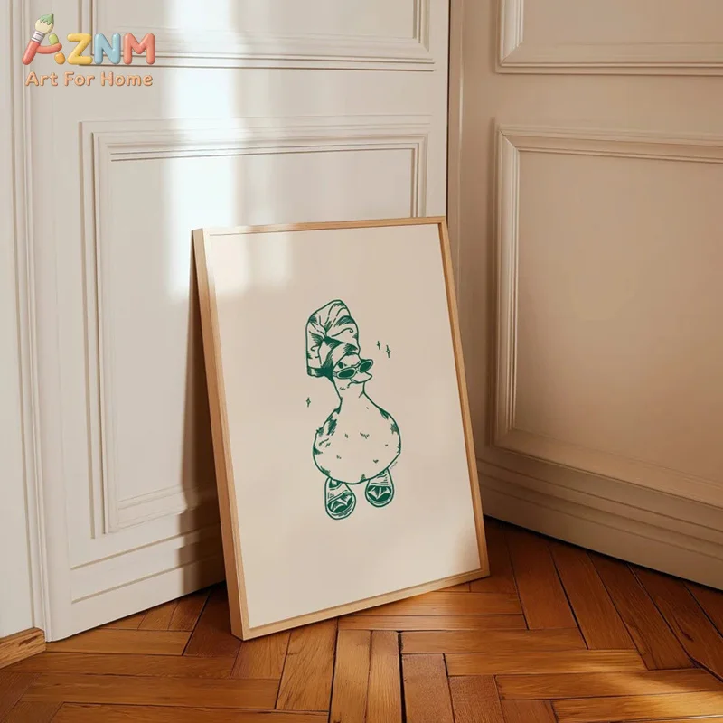 AZNM Funny Cool Duck Bath Sketch Green Line Art Canvas Wall Art Print Decor