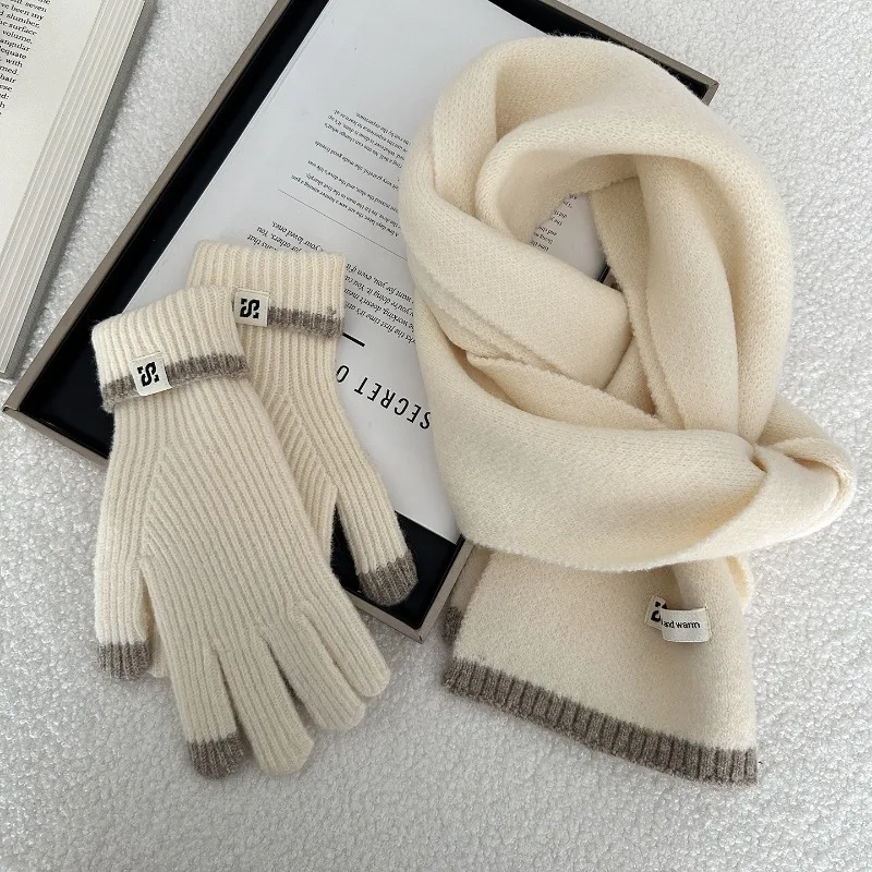 

Scarf and gloves two-piece set, warm winter knitted scarf and gloves set for women, includes wool knitted scarf and gloves