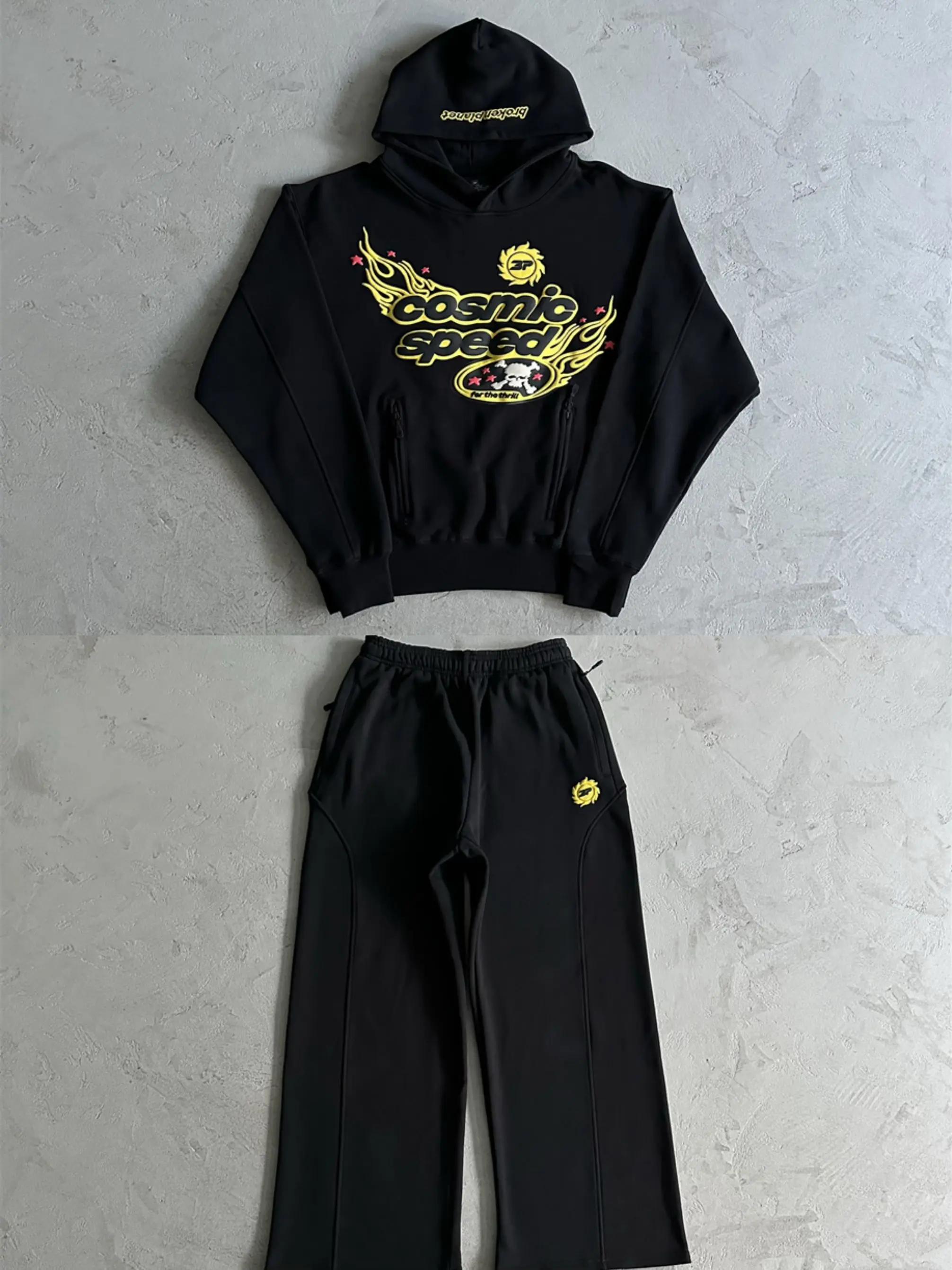 

High Quali Bla Sweatirt And Pants Set Gold Flame Embroidery Versatile Autumn Spring Break Pl Casual Sle Cotton Set
