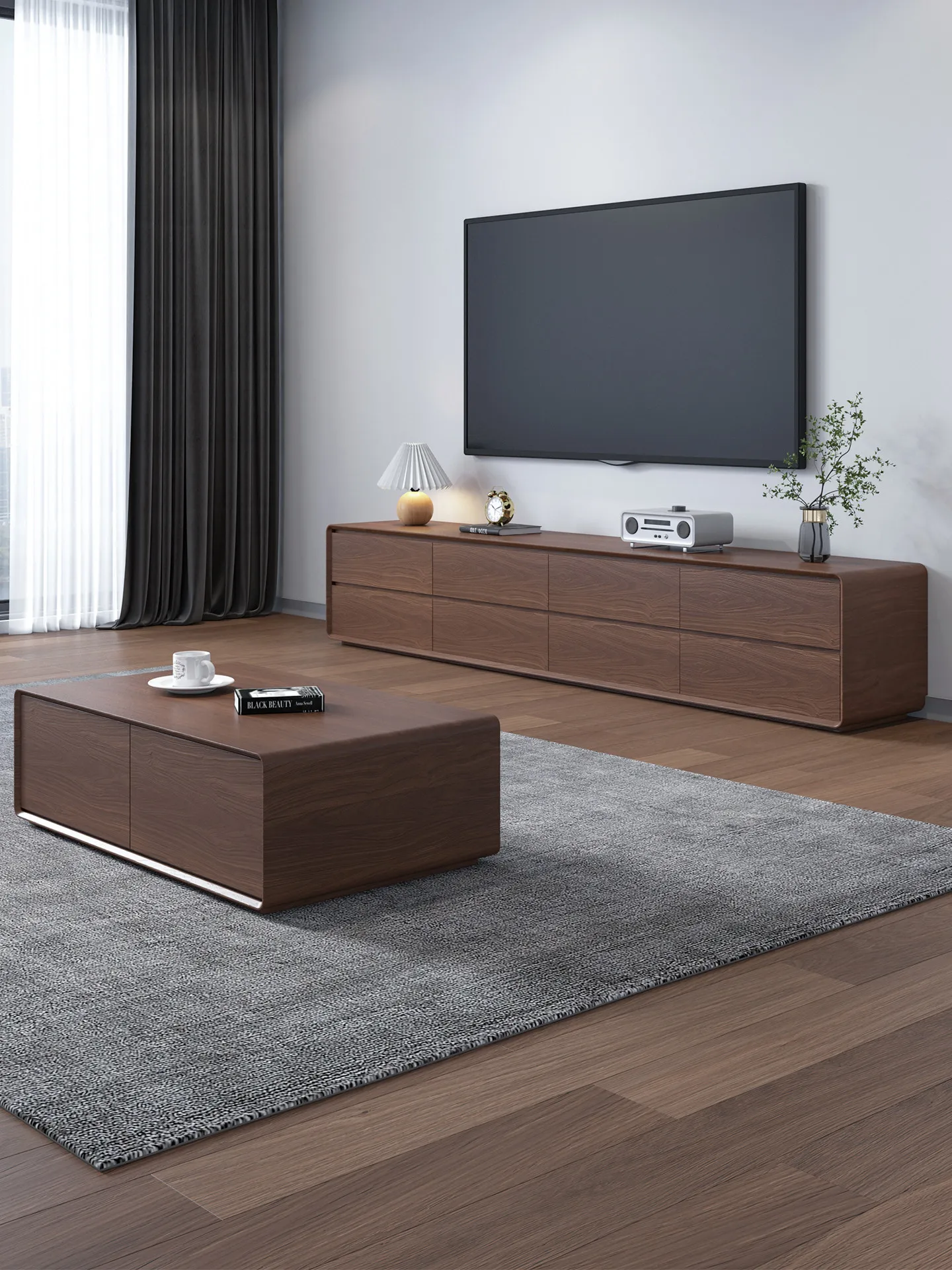 PYH Vintage Solid Wood TV Cabinet, New Model Small Apartment Double-Layer Floor Cabinet, Walnut Color