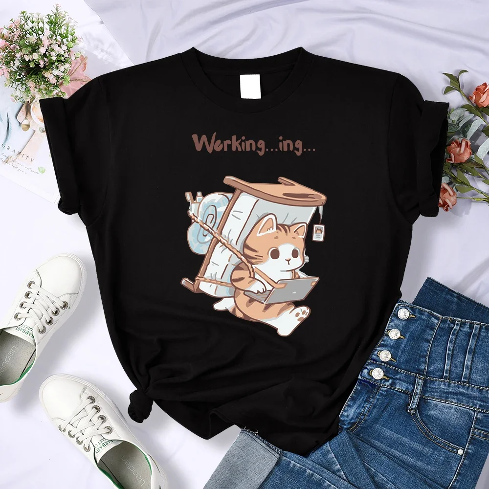A Sick Cat That Never Forgets To Work Print Women T-Shirt Summer Casual T Shirts Hip Hop All-Match Top Comfortable Clothes