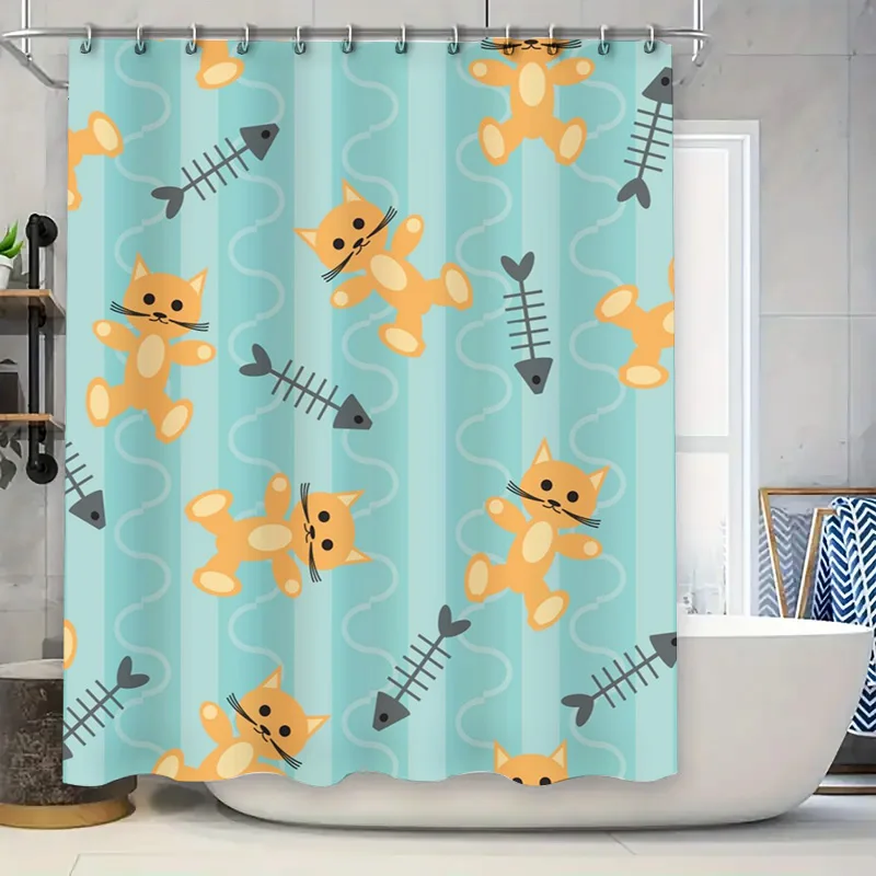 

Стильный декор для ванной комнаты, современная синяя занавеска для душа с кошачьим узором для детских ванных комнат, простая установка