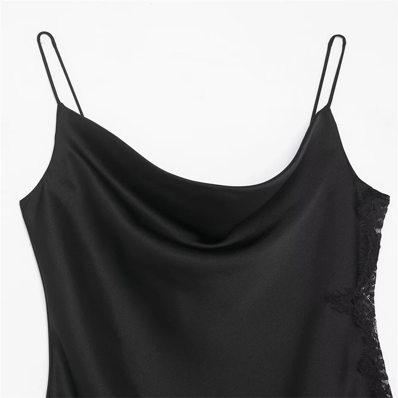 Robe à bretelles en satin noir pour femme avec bordure en dentelle, col bénitier, bretelles spaghetti, ourlet asymétrique, robe de soirée