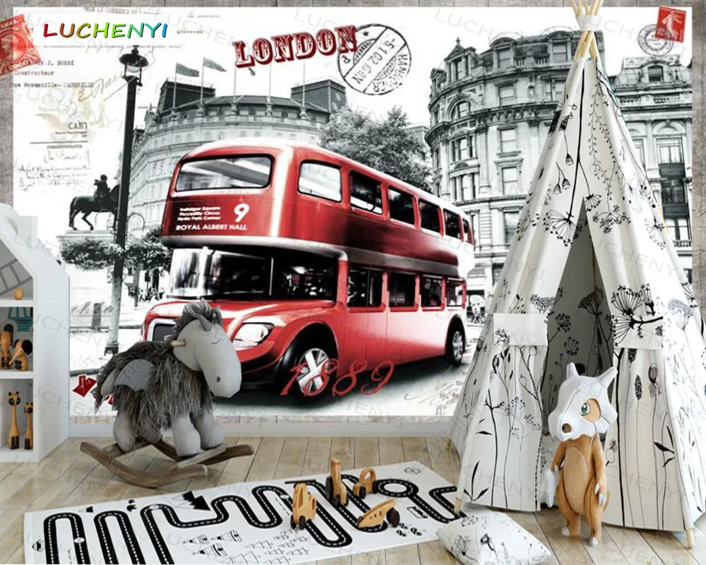 

Papel de parede custom london bus 3d wallpaper mural, living room tv wall bedroom wallpaper home decor