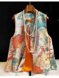 Women's Vest Lady Vests  Women's Jacquard Brocade Vest Women's Vest Chinese Retro Buckle Printed Vest Tang Suit Jacket Tide