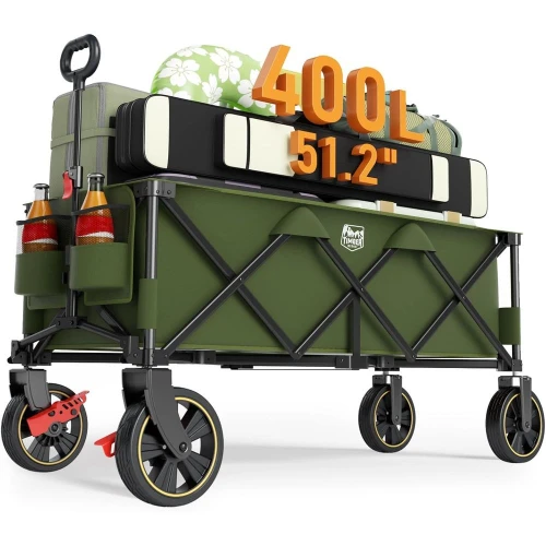 

51.2" Extended Foldable Wagon Cart with Brakes&Cargo Net,400L Heavy Duty Cart with Adjustable Handle for Camping Shopping Sports