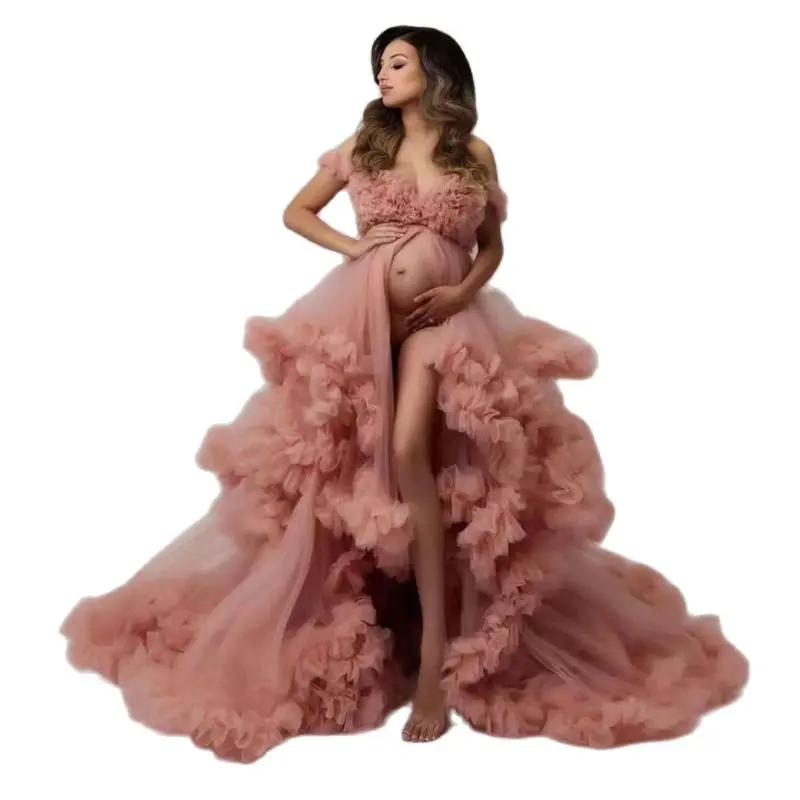 

Sexy Pink Maternity Women's Prom Dresses Elegant Pregnant V Neck Ruffles Ball Gown Evening Party Dress Premama Photo Shoot Robes